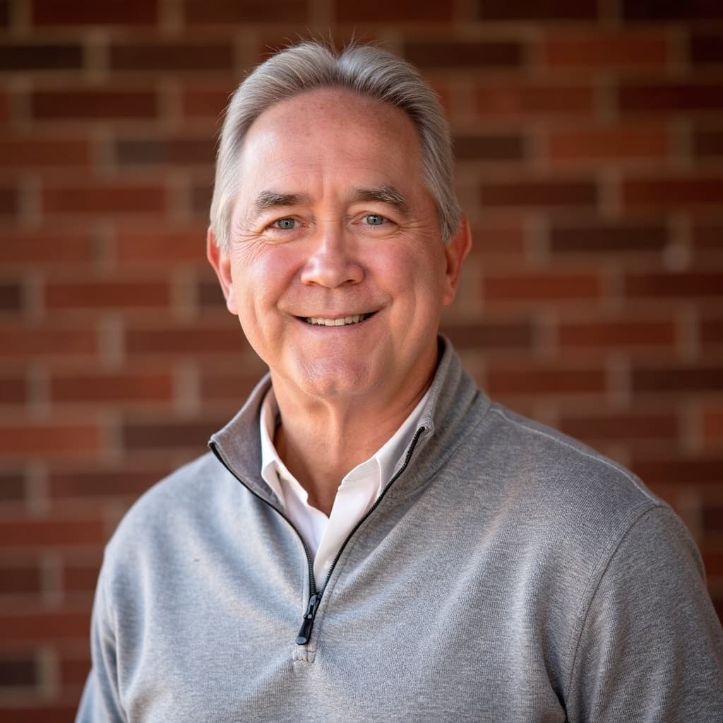 Portrait of Steven M. Charles in a gray quarter-zip sweater, smiling against a brick wall